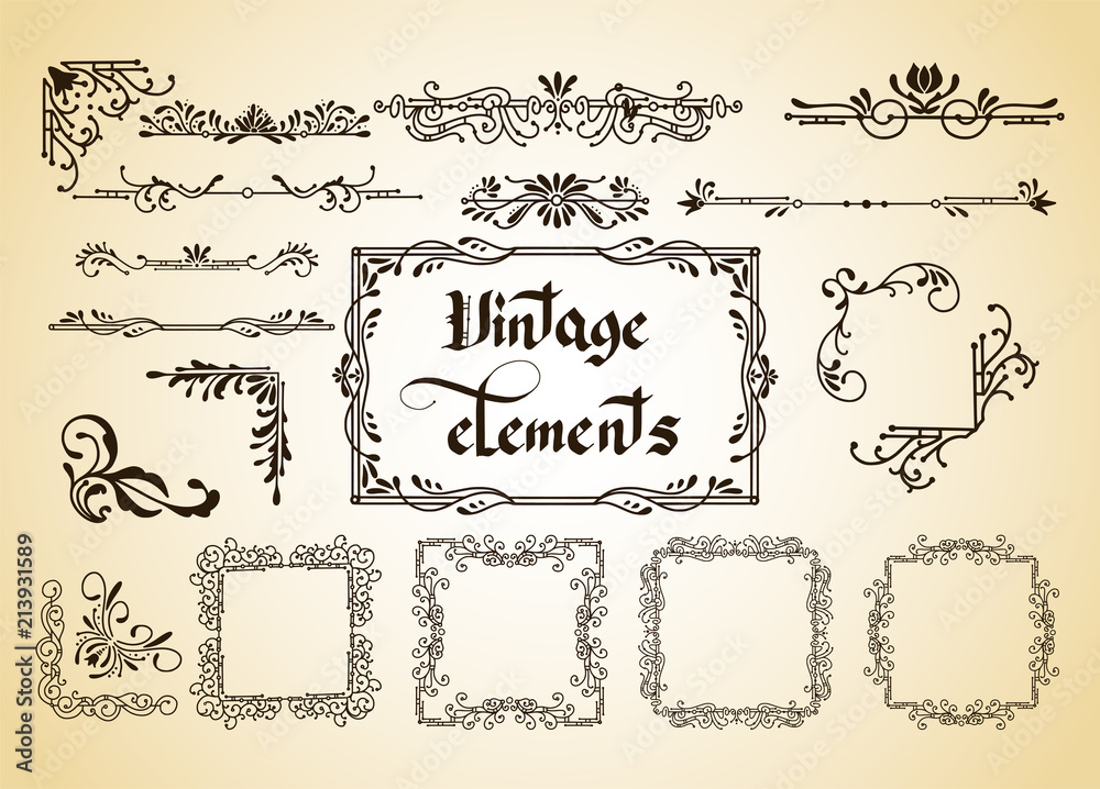 Kit of Vector Vintage Elements for Invitations, Banners, Posters, Placards, Badges or Logotypes.