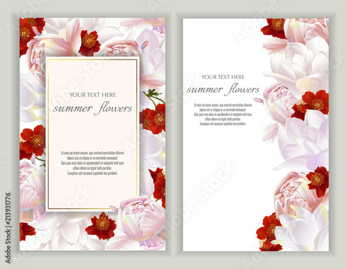 Vector banners set with peony and tulips flowers.Template for greeting cards, wedding decorations, invitation ,sales. Spring or summer design. Place for text.