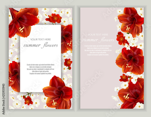 Vector banners set with Luxurious bright red Hippeastrum flowers.Template for greeting cards, wedding decorations, invitation ,sales. Spring or summer design. Place for text.