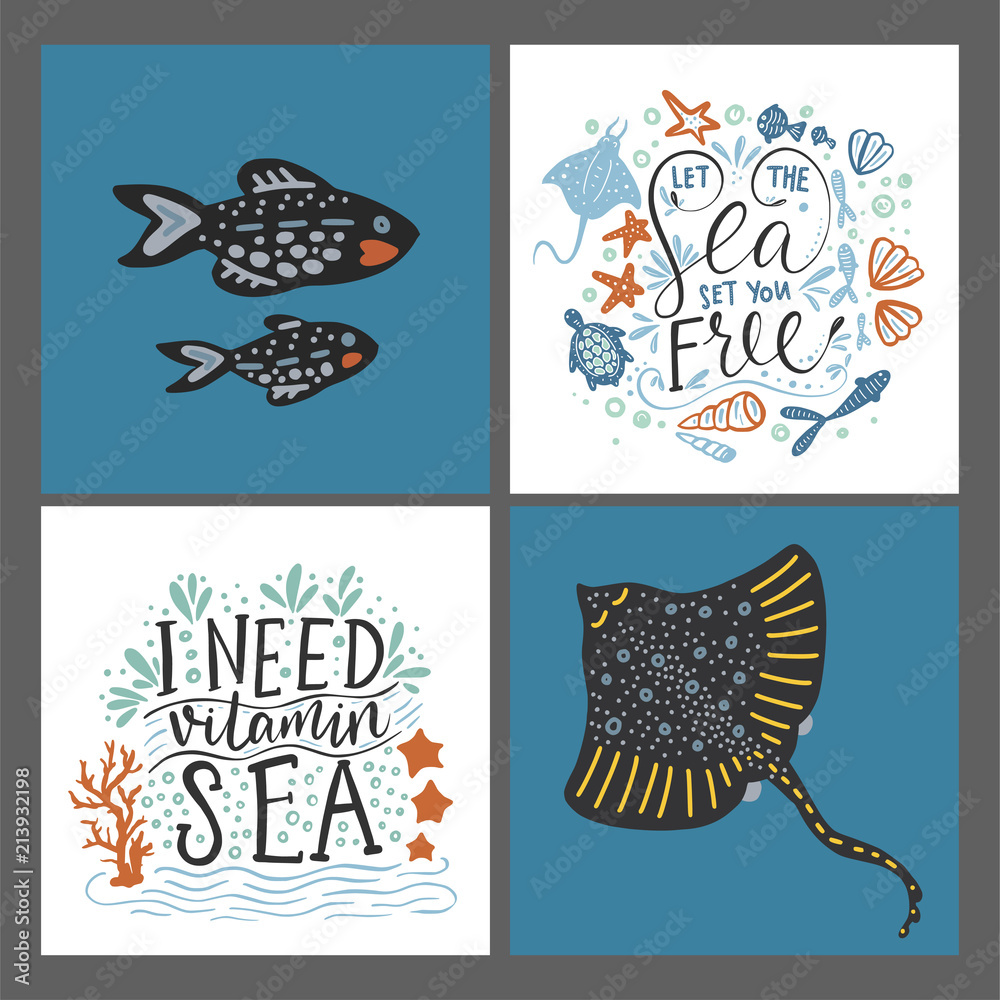 Vector sea cards set with handdrawn sea animals and ornate lettering pieces with a lot of detailed elements. Summer illustrations.