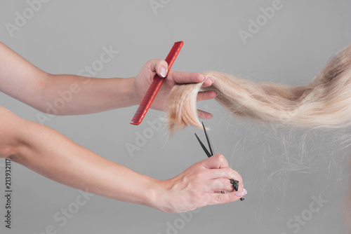 Female hairdresser hold in hand between fingers lock of blonde hair, comb and scissors closeup. Image of hairdresser trimming ends of blonde hair Keratin restoration, latest trend, fresh idea