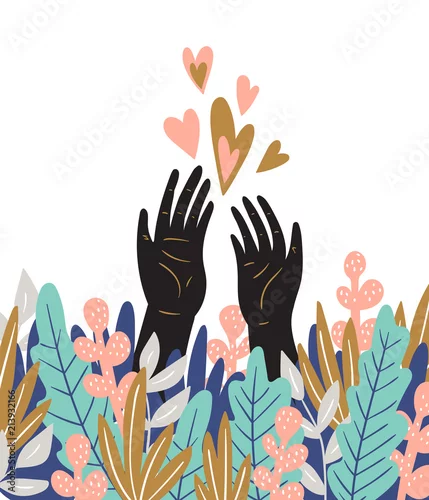 Naklejka na ścianę Wiosna karta miłości z rąk, liści i serca. Ładny romantyczny plakat. Naiwny projekt wektor.