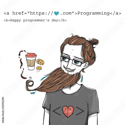 Modern illustration with hipster programmer with a beard. Greeting card template for Programmers' Day.