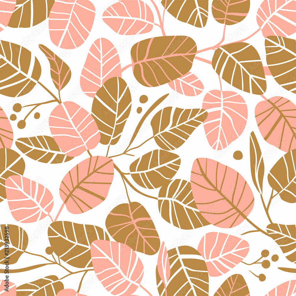 Obraz premium Vector elegant seamless background with foliage. wedding endless pattern in pink and gold colors with leaves.