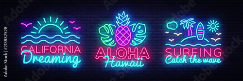 Summer neon signs collection design template. Surfing, California, Aloha neon emblems, light banner. Summer concepts design. Smartphone in hand. Vector illustration