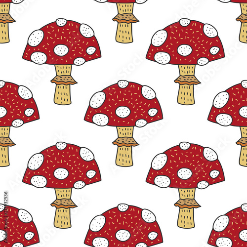 Seamless vector forest pattern with cute color illustrations - handdrawn cute amanita muchrooms.