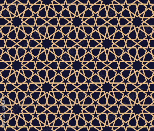 Arabic pattern background. Geometric seamless muslim ornament backdrop. Vector illustration of islamic texture. Traditional arabic decor on dark blue and gold background.