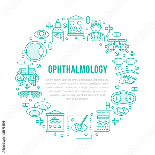Ophthalmology, eyes health care circle porter with line icons. Optometry equipment, contact lenses, eye glasses, doctor. Vision correction brochure signs for oculist clinic.