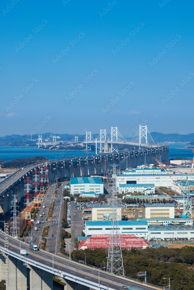 Seto Ohashi Bridge and Industrial Complex in the seto inland sea,Kagawa,Shikoku,Japan