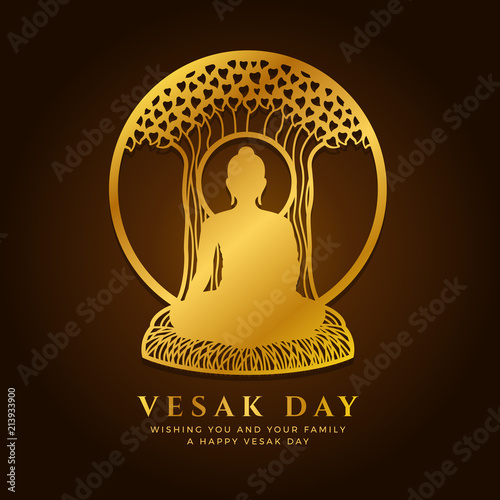 Vesak day banner with  Gold buddha Meditate under Bodhi tree in circle frame sign vector design