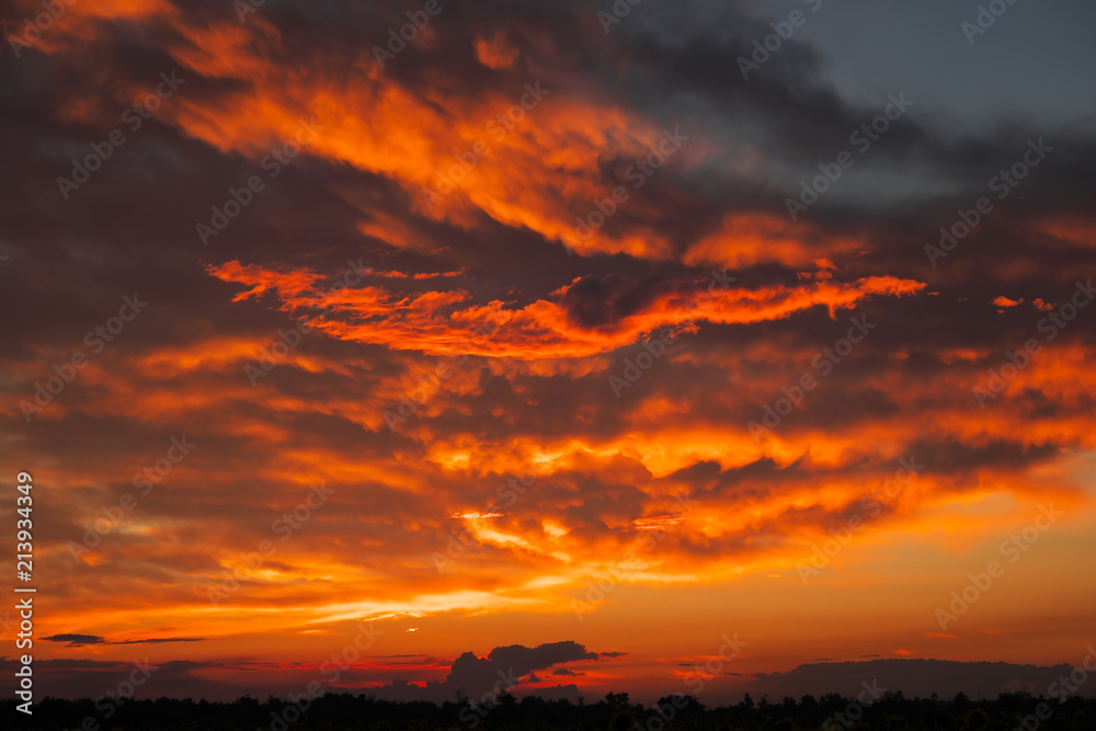 Fototapeta premium Beautiful fiery, orange and red, sunset sky. Evening Magic Scene. Composition of nature