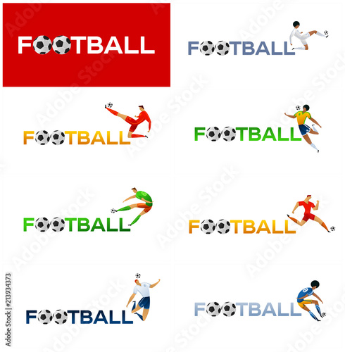 Soccer player against the background of the stadium. Lettering Football. Football player in campionship. Fool color vector illustration in flat style isolated on white background. photo