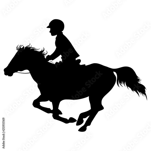 A vector silhouette of a small rider on a pony.