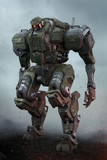 Sci-fi mech soldier standing on the ground against a cloudy sky background. Military futuristic robot with a green and gray color metal. Mech controlled by a pilot. Scratched metal armor. 3D rendering