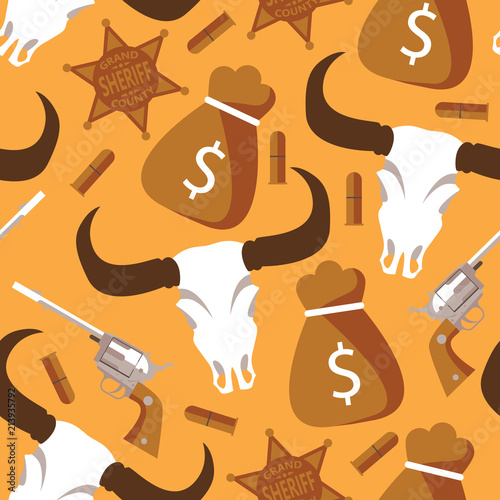 Seamless pattern with western and wild west goods on yellow background. Buffalo scull, bullet, revolver, sheriff star, money bag in flat style.