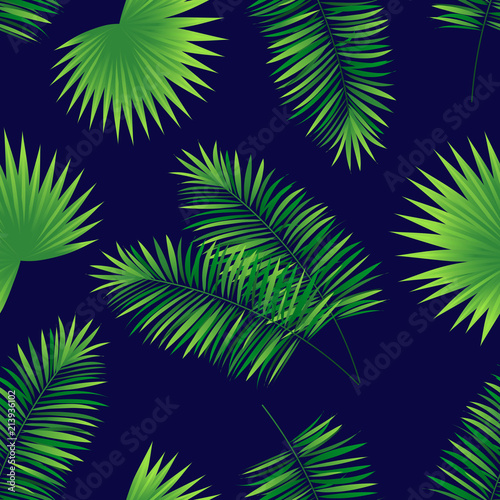 Dark tropic seamless pattern. Summer background with tropical palms leaves. Exotic plants elements. Vector wallpaper. trendy backdrop. Bright colors. Green  dark blue