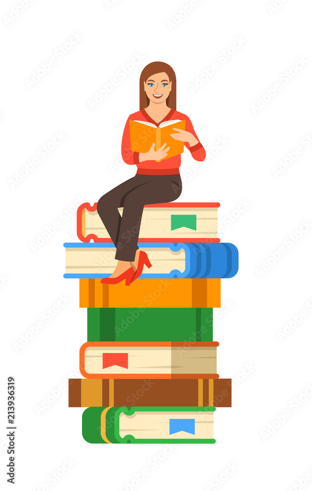 Young girl student reads open book sitting on stack of giant books. High school education concept. Vector cartoon illustration. Exam preparation using paper book. Modern well-educated youth Young girl student reads open book sitting on stack of giant books. High school education concept. Vector cartoon illustration. Exam preparation using paper book. Modern well-educated youth