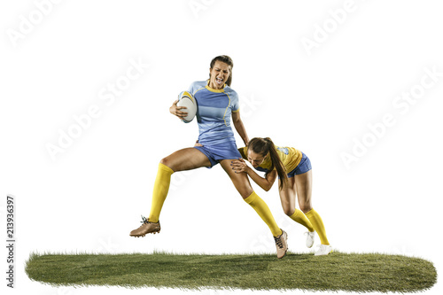 The young female rugby players isolated on white backround