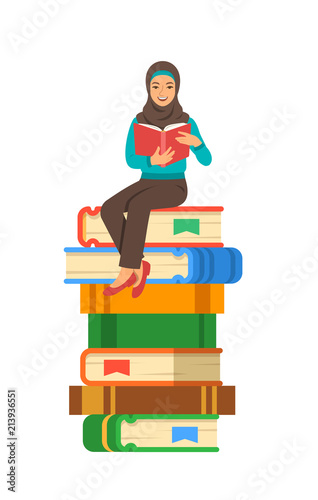 Young arabic girl student reads open book sitting on stack of giant books. High school education concept. Vector cartoon illustration. Exam preparation using paper book. Modern well-educated youth