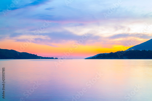 Awesome colorful sunset on the Adriatic sea near Budva city in Montenegro  gorgeous seascape