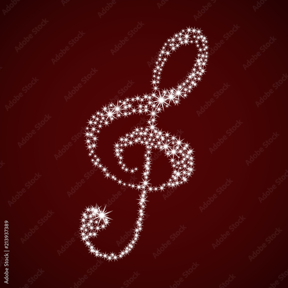 Obraz premium Shiny music treble clef. Vector illustration. Stars on a Burgundy background.