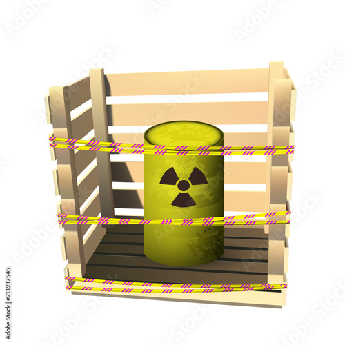 Yellow barrel with toxic waste. Box with a protective tape. Vector illustration.
