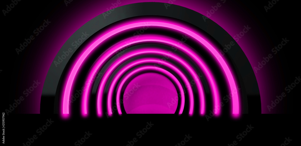 Round arch is suspended by neon light, Neon background Round arch is suspended by neon light, Neon background
