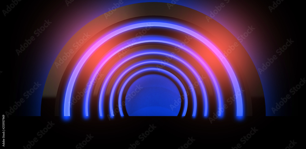 Round arch is suspended by neon light, Neon background Round arch is suspended by neon light, Neon background
