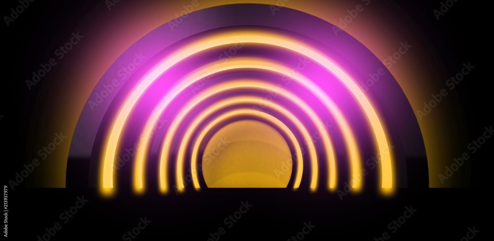 Round arch is suspended by neon light, Neon background Round arch is suspended by neon light, Neon background
