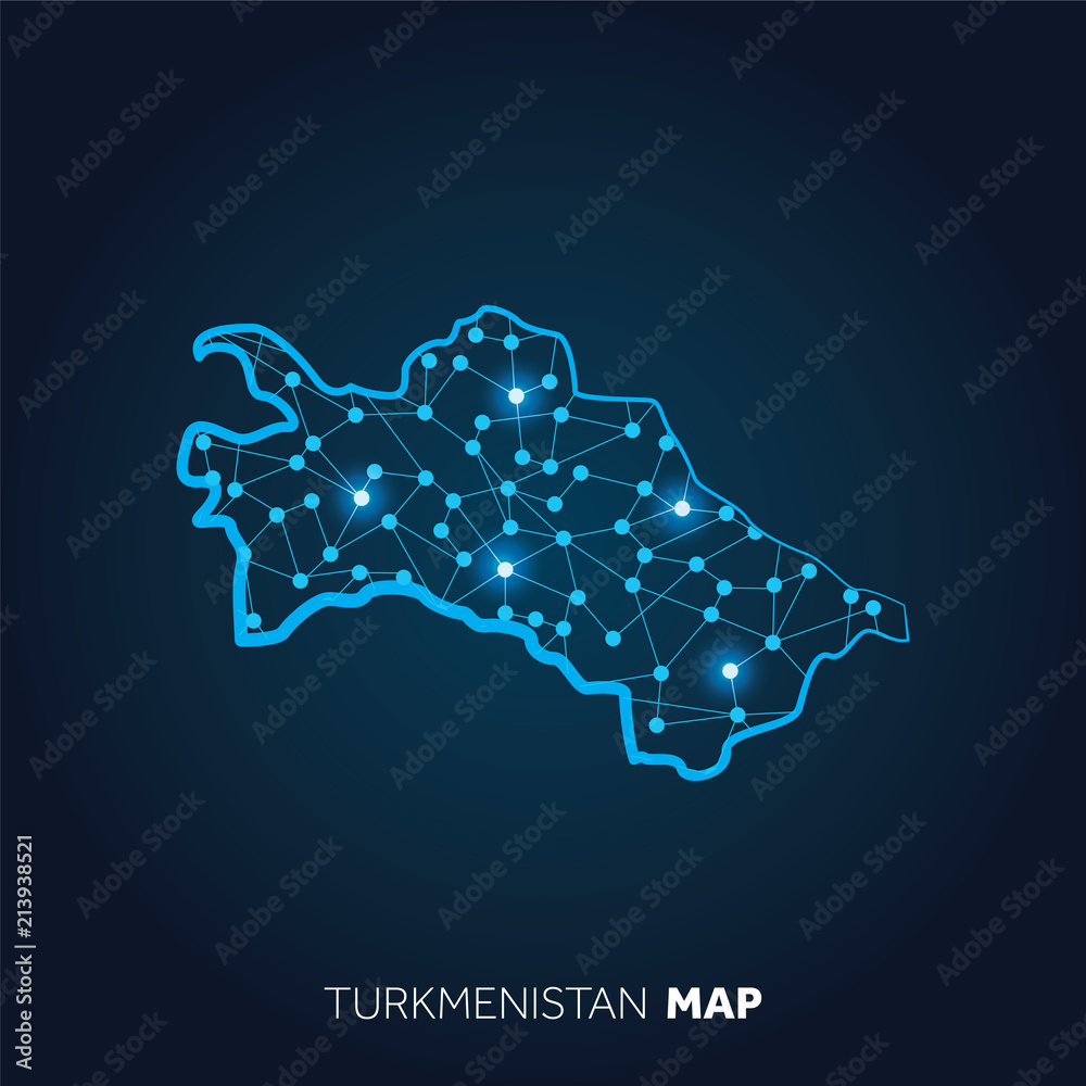 Map of Turkmenistan made with connected lines and glowing dots.