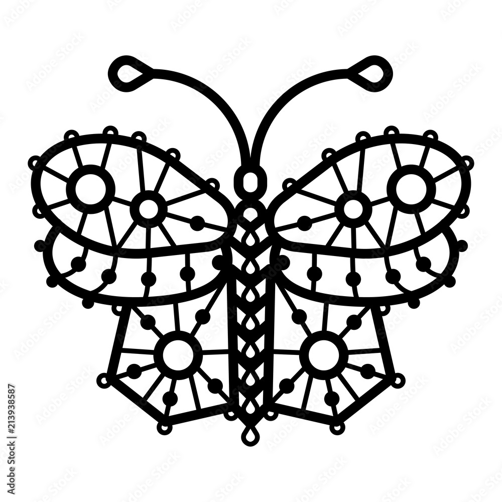 One line illustration of crocheted, lacy, patterned butterflie.