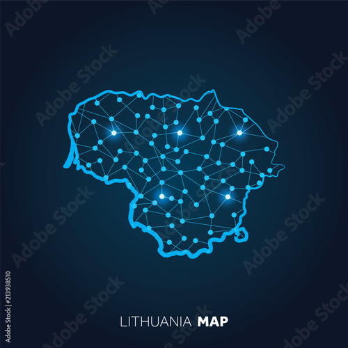 Map of Lithuania made with connected lines and glowing dots.
