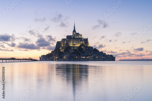 France, Normandy, view to lighted Mont Saint-Michel in the evening