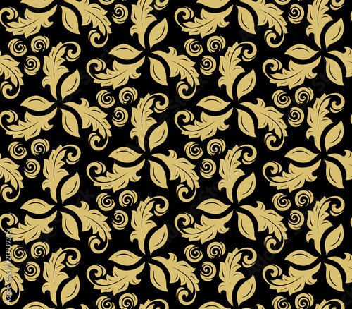 Floral vector ornament. Seamless abstract classic background with flowers. Pattern with repeating golden floral elements. Ornament for fabric, wallpaper and packaging