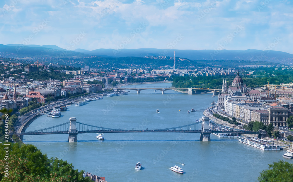 Aerial view of Budapest, Hungary with Danube river.