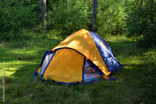 Camping tent in forest. photo