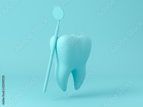 Teeth with dental plaque tool. Concept Dental care cleaning bacterial plaque on pastel background. Minimal flat lay concept. 3d render