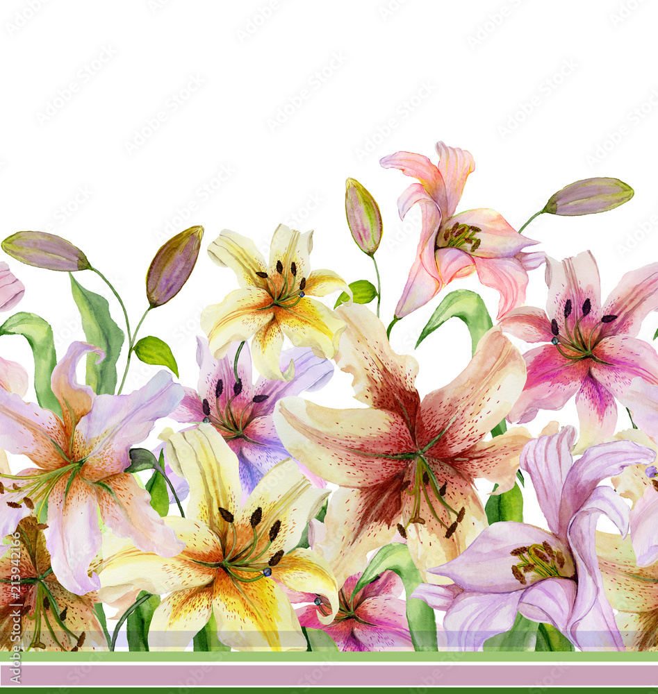 Beautiful lily flowers with green leaves on white background. Seamless floral pattern. Watercolor painting. Hand drawn and painted illustration.