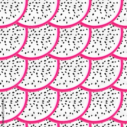 Seamless pattern with tropical fruits. Healthy dessert. Fruity background. Dragon fruit or pitaya. Exotic food. Wrapping, print on clothes, wallpaper, summer banner. Vector illustration, eps10