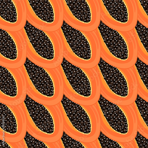 Seamless pattern with tropical fruits. Healthy dessert. Fruity background. Carica papaya. Exotic food. Wrapping paper, print on clothes, wallpaper, summer banner. Vector illustration, eps10