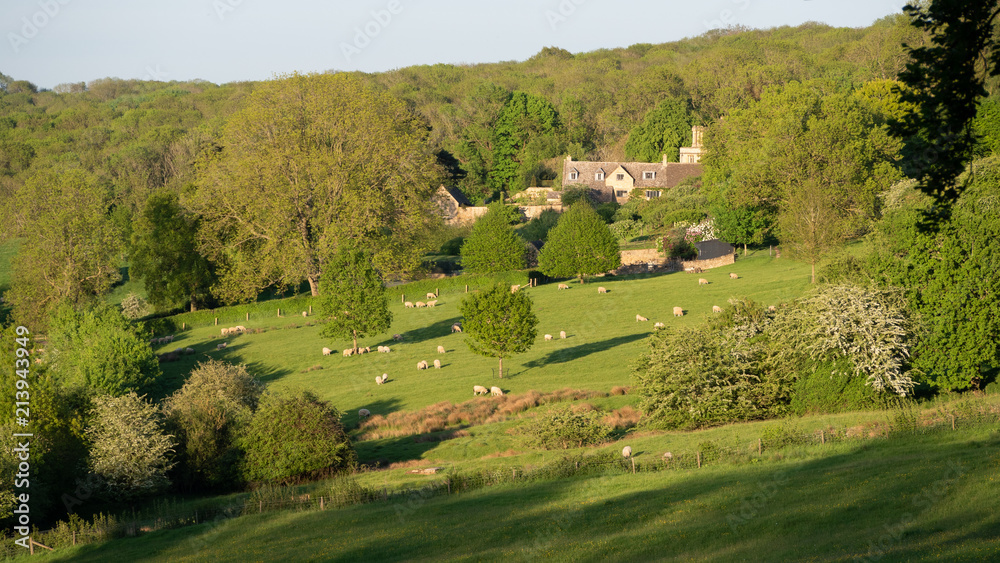 Aerial of Cotswold landscape scenery in England