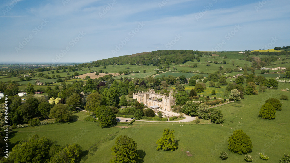 Aerial of Sudeley Castle Winchcombe in England Cotswolds midlands