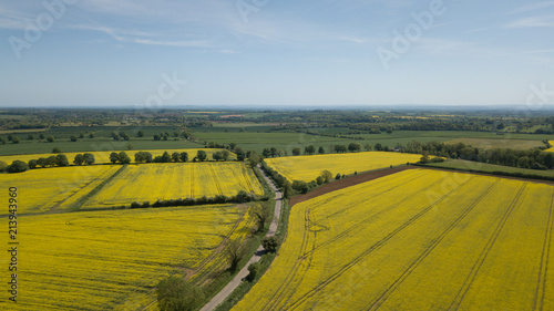 Aerial of yellow rapeseed fields on the Cotswold hills in England