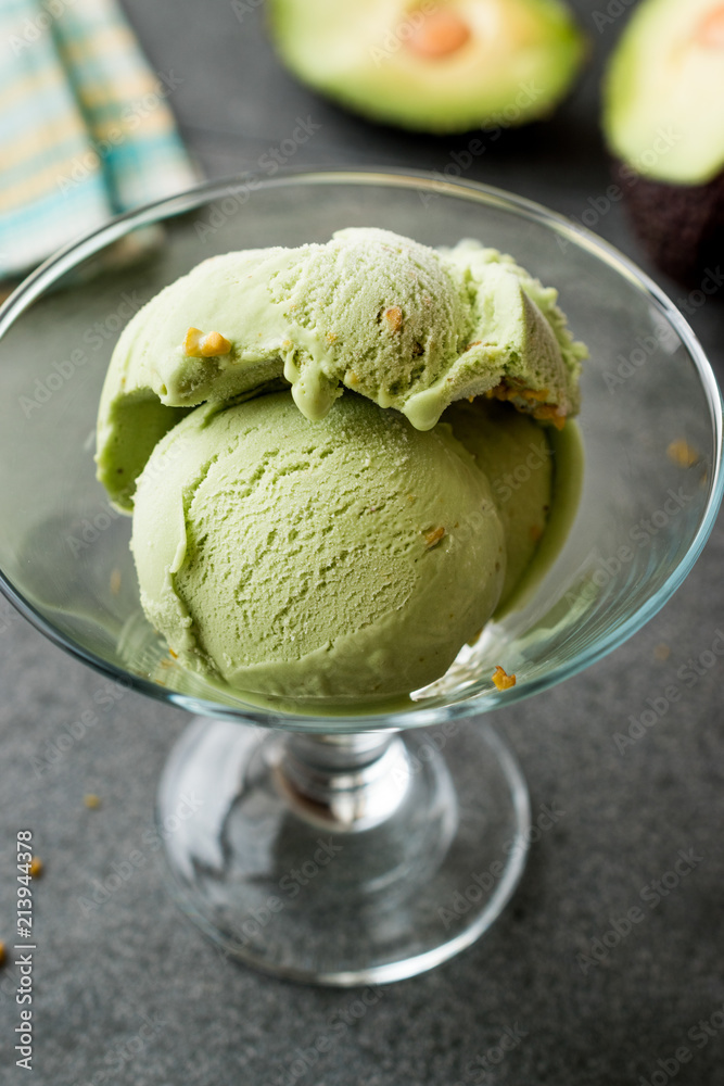 Avocado Ice Cream in Glass Cup with Hazelnut Powder Avocado Ice Cream in Glass Cup with Hazelnut Powder