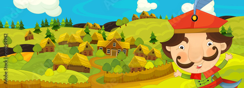 cartoon scene with nobleman near the farm village - illustration for children