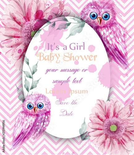 Cute pink owls card baby shower invitation Vector. Watercolor delicate decora...