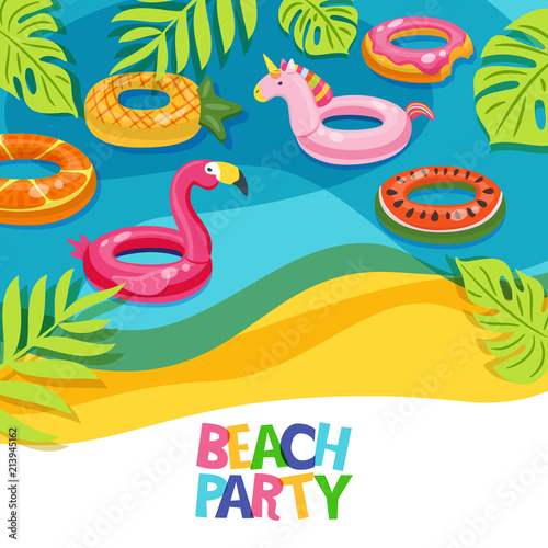 Sea beach or swimming pool with float rings flamingo, unicorn, watermelon. Vector hand drawn doodle illustration. Multicolor inflatable kids toys. Trendy design concept for summer poster or banner.