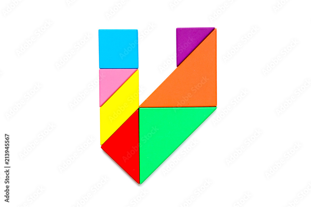 Color tangram puzzle in english alphabet v shape on white background Color tangram puzzle in english alphabet v shape on white background