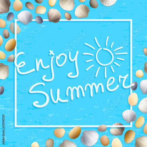Shells frame. Blue grunge background. Stones and seashells vector. Summer illustration. Ocean or sea poster. Travel illustration. Tropical beach vacation.