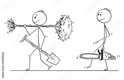 Cartoon stick drawing conceptual illustration of man walking with spade to dig a hole to plant a tree, another man with chainsaw is going to cut it down. Concept of ecology and environmental or forest